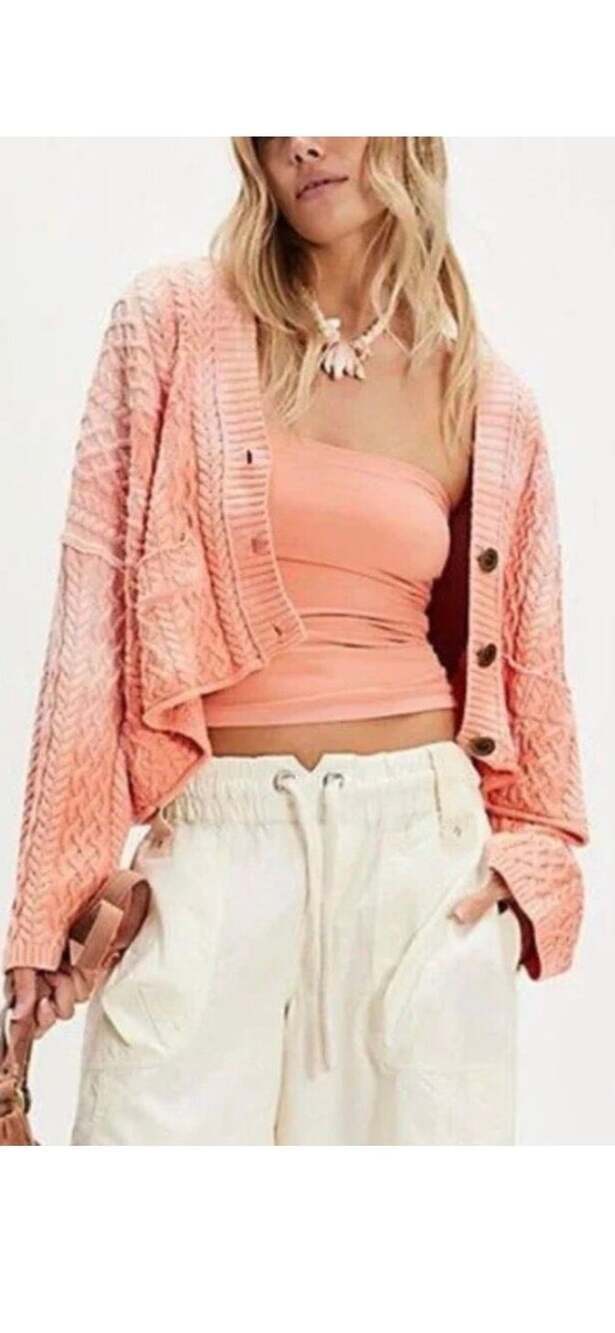 Free People Pink Rose Cloud Combo Cable Knit Cardigan Sweater Small